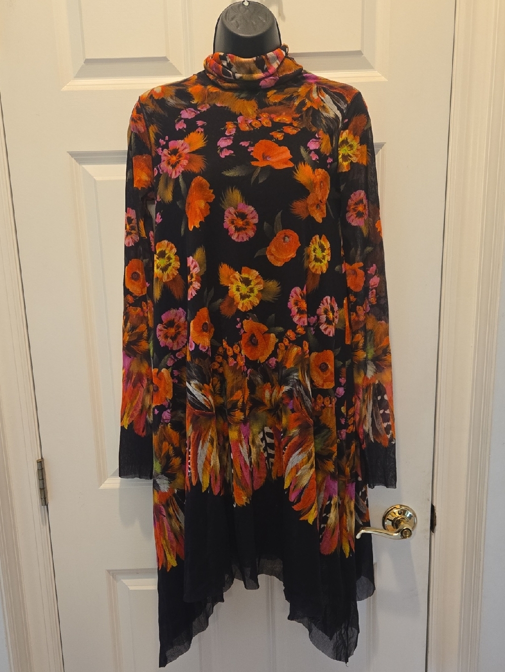 FUZZI Turtleneck Long Sleeve Dress S Floral Feather Print Mesh Asymmetrical Hem